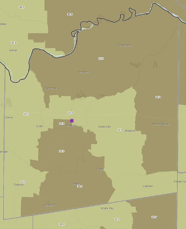 Figure L: Fannin County Uninsured Population, Age 18-64, and Federally Qualified Health Centers, March, 2018