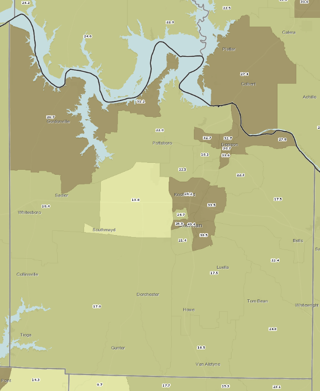 Figure L.1: Grayson County Uninsured Population, Age 18-64, and Federally Qualified Health Centers, March, 2018